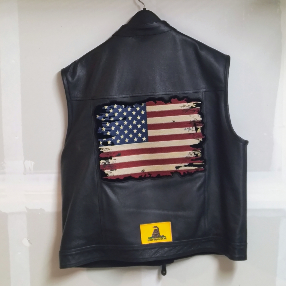 Black Leather Vest with American Flag Patch
